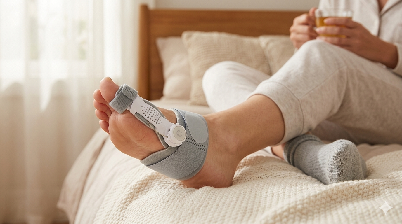 Person wearing dailyreliefco bunion corrector on a foot in a bedroom setting.