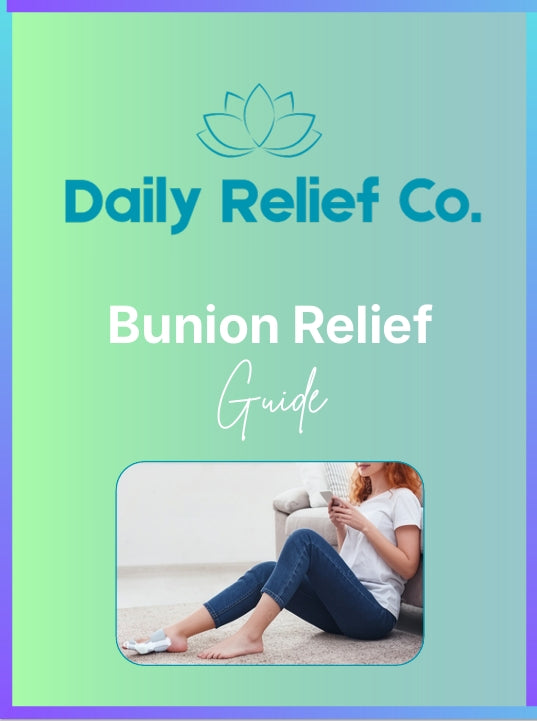 Bunion Relief Guide by Daily Relief Co. with a person using a device on a green and blue background.
