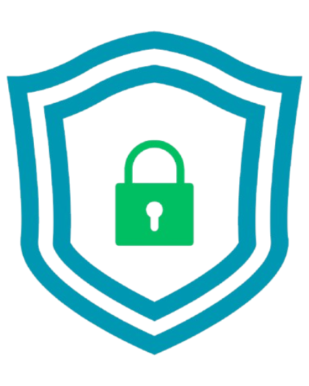 Shield icon with a green lock in the center on a white background